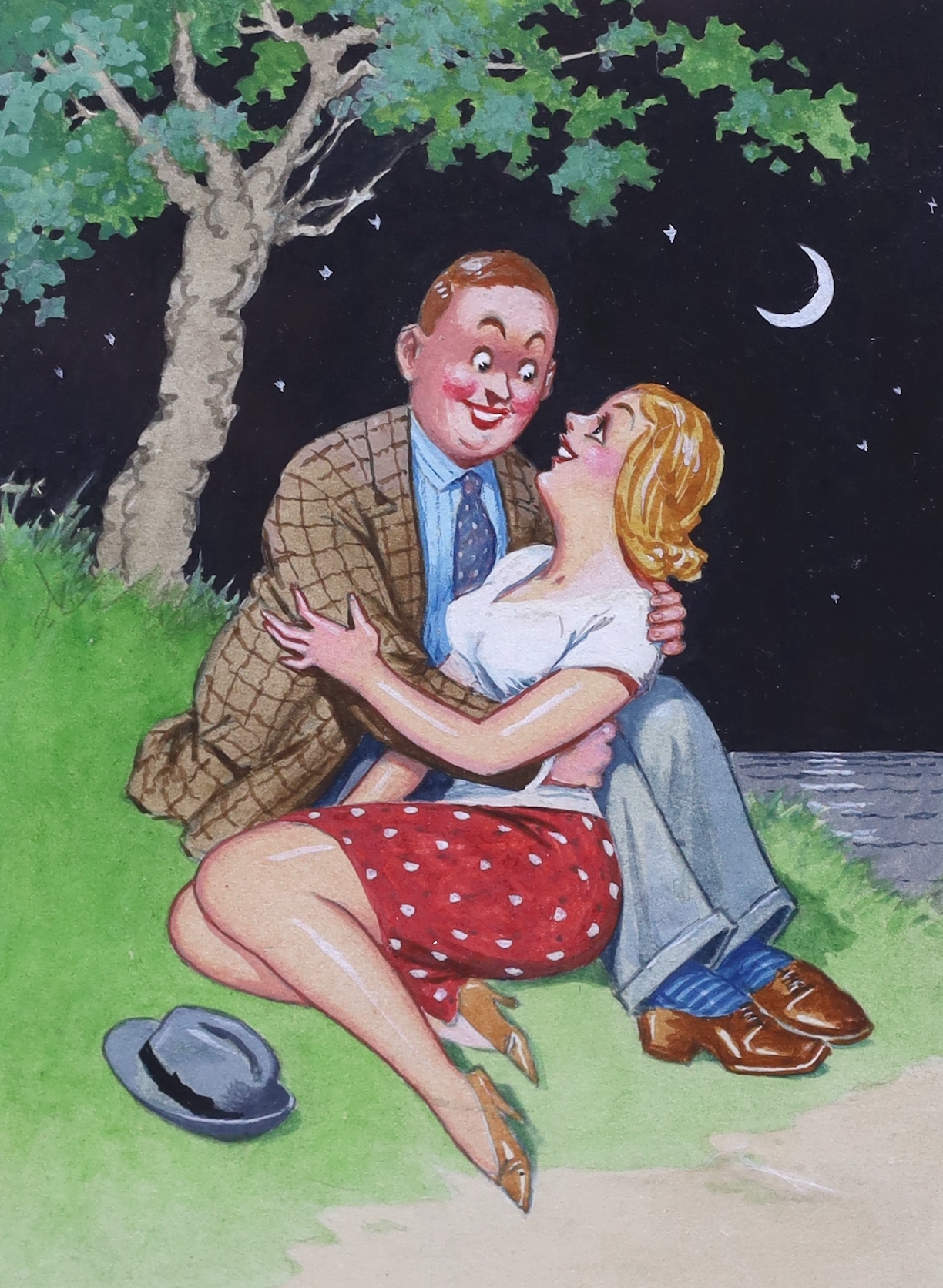 Donald Fraser Gould McGill (British, 1875-1962), 'Do you believe in love at first sight?' 'Do I! I've got to - I'm only down here for the week-end!!', watercolour with bodycolour, 19.5 x 15cm